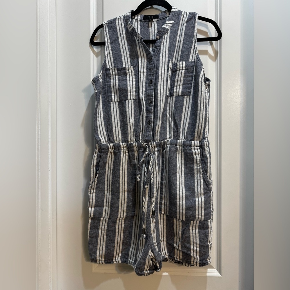 Kelly Renee Blue/white Linen Stripe Drawstring Romper Medium Sleeveless